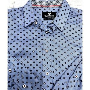 Butter Cloth Icy Cotton Shirt Mens LG Regular Blue Geometric Performance Stretch